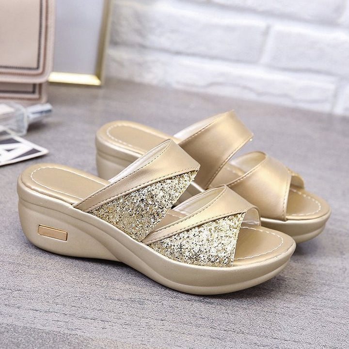 Damen modische Plateau-Sandalen mit Glitter und elastischen Riemen Drune