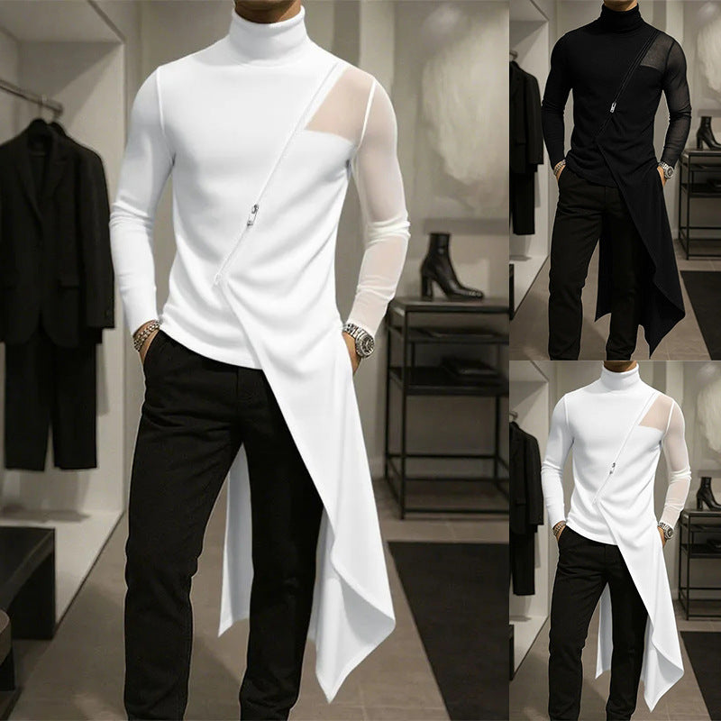 Damen nan avantgardistisches Longshirt mit schrägem Reißverschluss, Stehkragen und unregelmäßigem Zipfelsaum Drune