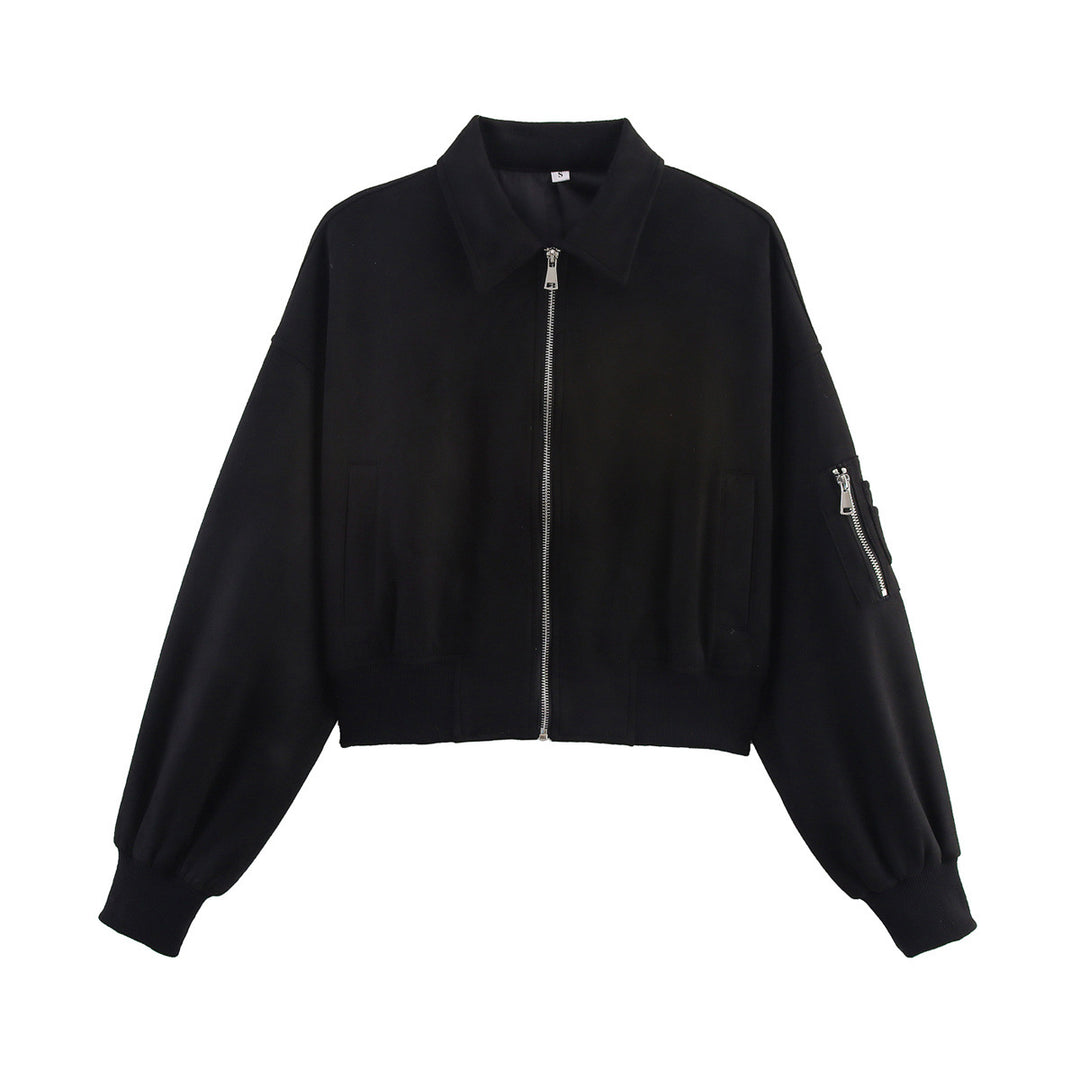 Damen modische cropped Jacke aus weichem Wildlederimitat mit praktischen Reißverschlusstaschen Drune