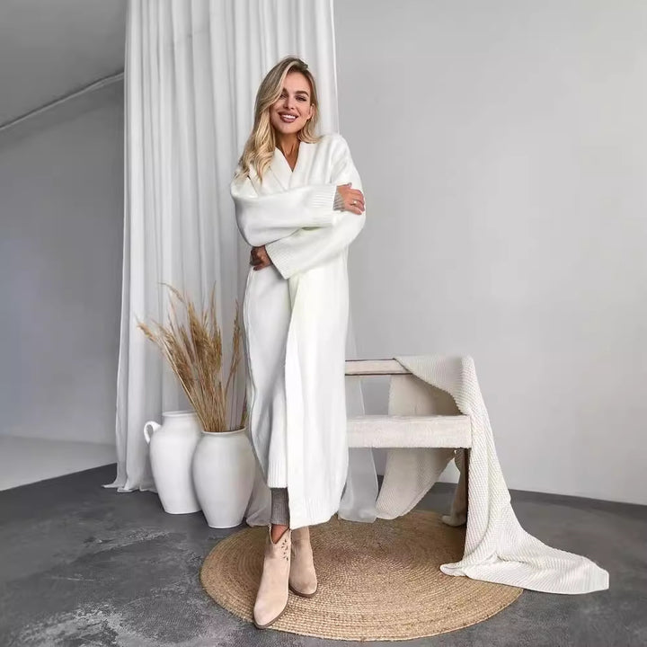 Damen Lange Strickjacke mit tiefem Kragen Drune