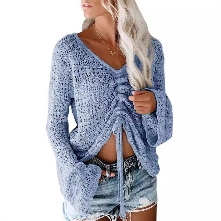 Damen angesagter V-Ausschnitt Pullover mit Raffung Drune