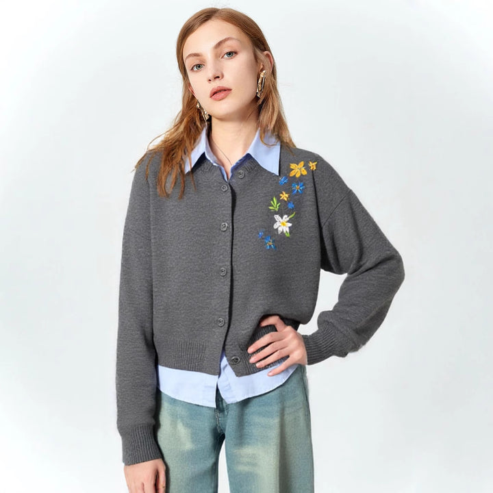 Damen Strickpullover mit floralen Stickereien und lässigem Schnitt Drune