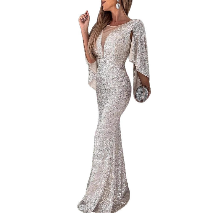 Damen Glamouröses Pailletten-Abendkleid mit tiefem V-Ausschnitt und eleganten Flügelärmeln Drune