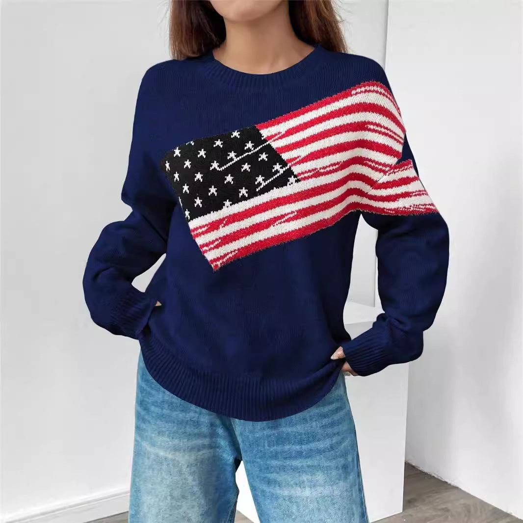 Damen Strickpullover mit Flaggenmuster und lässigem Schnitt Drune