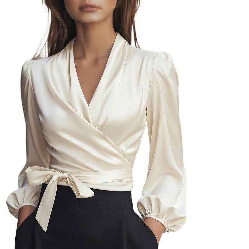 Damen Wickelbluse aus luxuriösem Satin mit eleganten Puffärmeln Drune