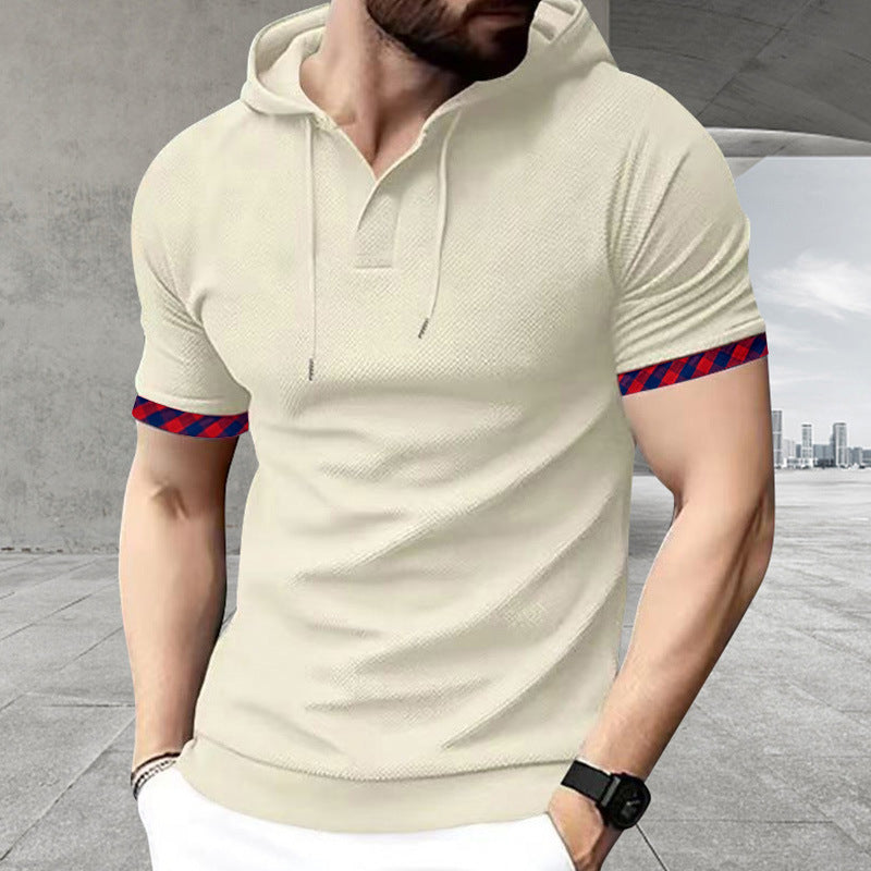 Herren nan schmal geschnittenes Kurzarm-Kapuzenshirt im Polostil mit Henley-Ausschnitt und karierter Ärmelmanschette Drune
