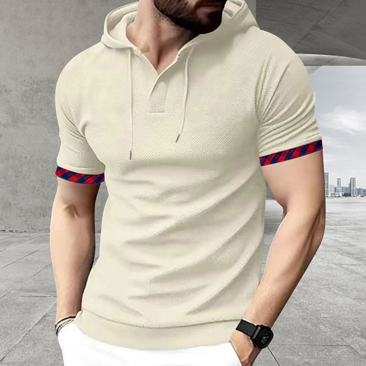 Herren nan schmal geschnittenes Kurzarm-Kapuzenshirt im Polostil mit Henley-Ausschnitt und karierter Ärmelmanschette Drune