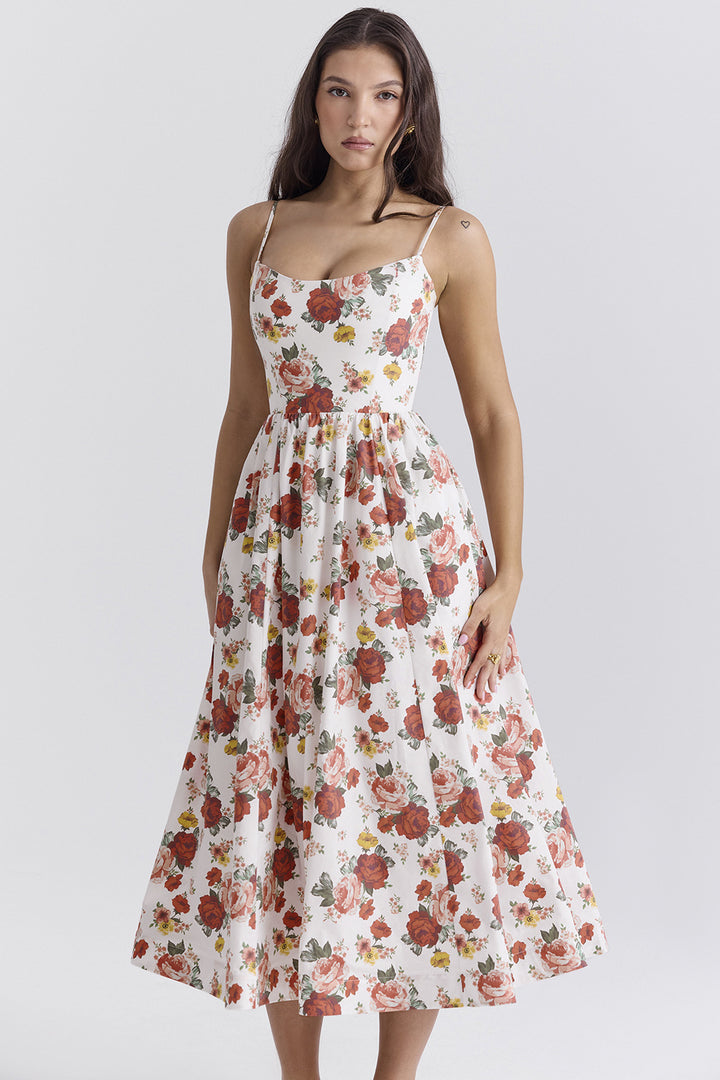 Damen Midi-Blumenkleid mit trägerlosem Stil und schwingendem Rock Drune
