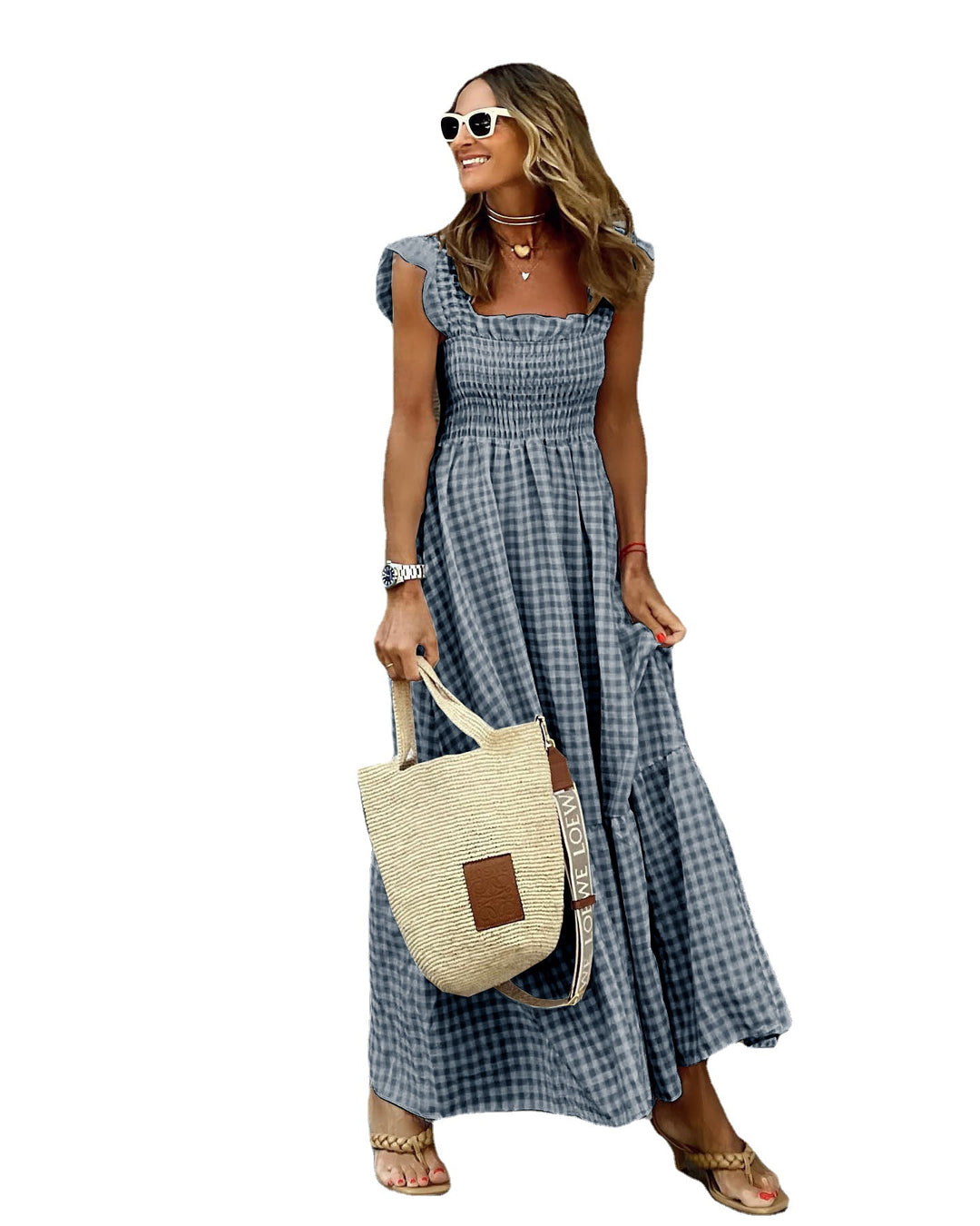 Damen luftiges Maxikleid mit Vichy-Karo und schulterfreien Rüschen Drune