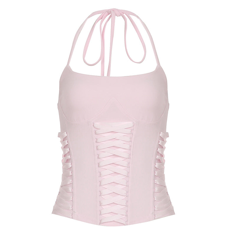 Damen Crop-Top mit verspieltem Schnürdesign und eleganten Trägern Drune
