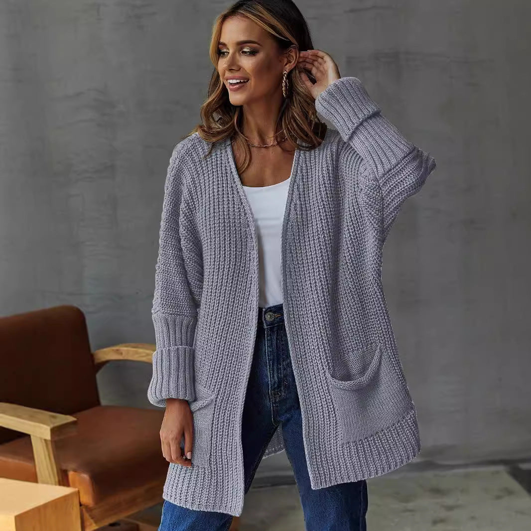 Damen Strukturierter Offener Strickcardigan mit Taschendetails Drune