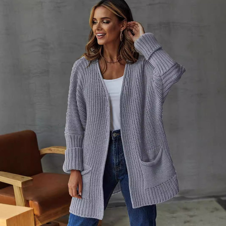 Damen Strukturierter Offener Strickcardigan mit Taschendetails Drune