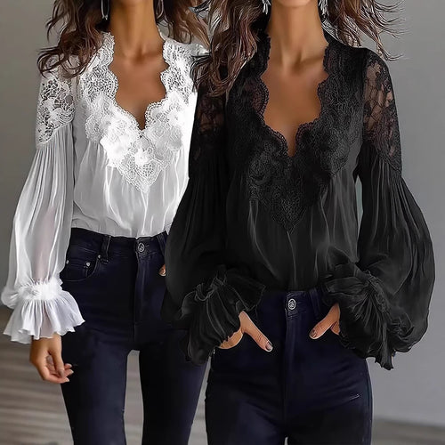 Damen elegante Spitzenbluse mit voluminösen Ärmelabschlüssen und floralen Akzenten Drune