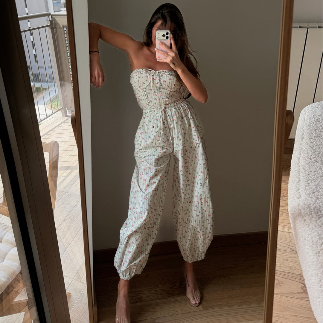 Damen Jumpsuit mit verspieltem Blumenmuster und elastischem Taillenzug Drune