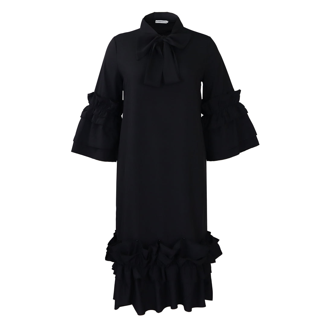 Damen Midi-Kleid mit voluminösen Rüschenärmeln und eleganter Schleife Drune