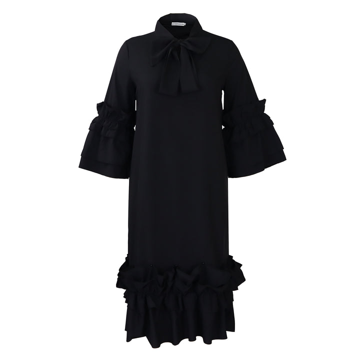 Damen Midi-Kleid mit voluminösen Rüschenärmeln und eleganter Schleife Drune