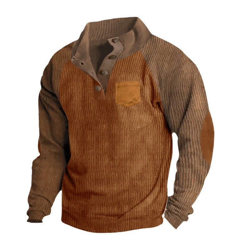 Herren nan strukturierter Halbknopf-Strickpullover im Cord-Look mit Raglanärmeln, aufgesetzter Brusttasche und Ellenbogenpatches Drune