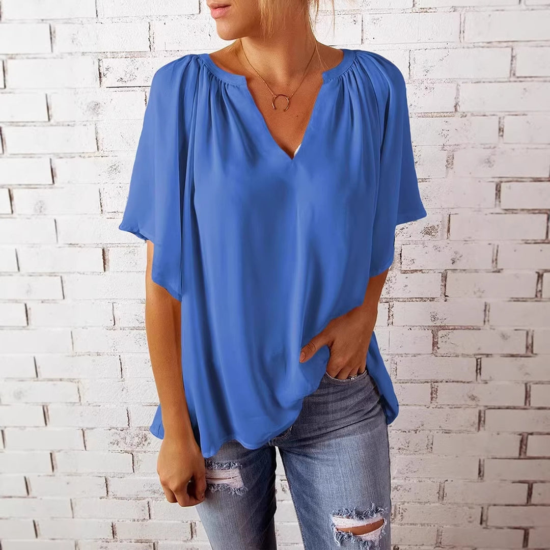 Damen lockeres Blusenshirt mit V-Ausschnitt und luftigen Ärmeln Drune