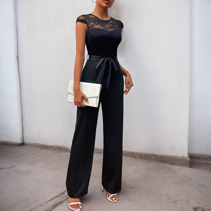 Damen Jumpsuit mit elegantem Spitzenoberteil und taillierbarem Gürtel Drune