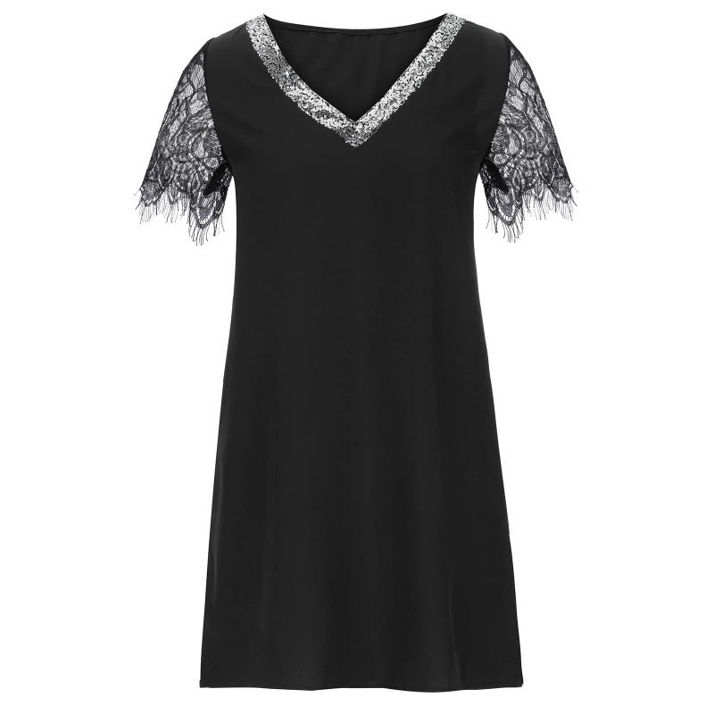 Damen Kleid mit Spitzenbesätzen und elegantem V-Ausschnitt Drune
