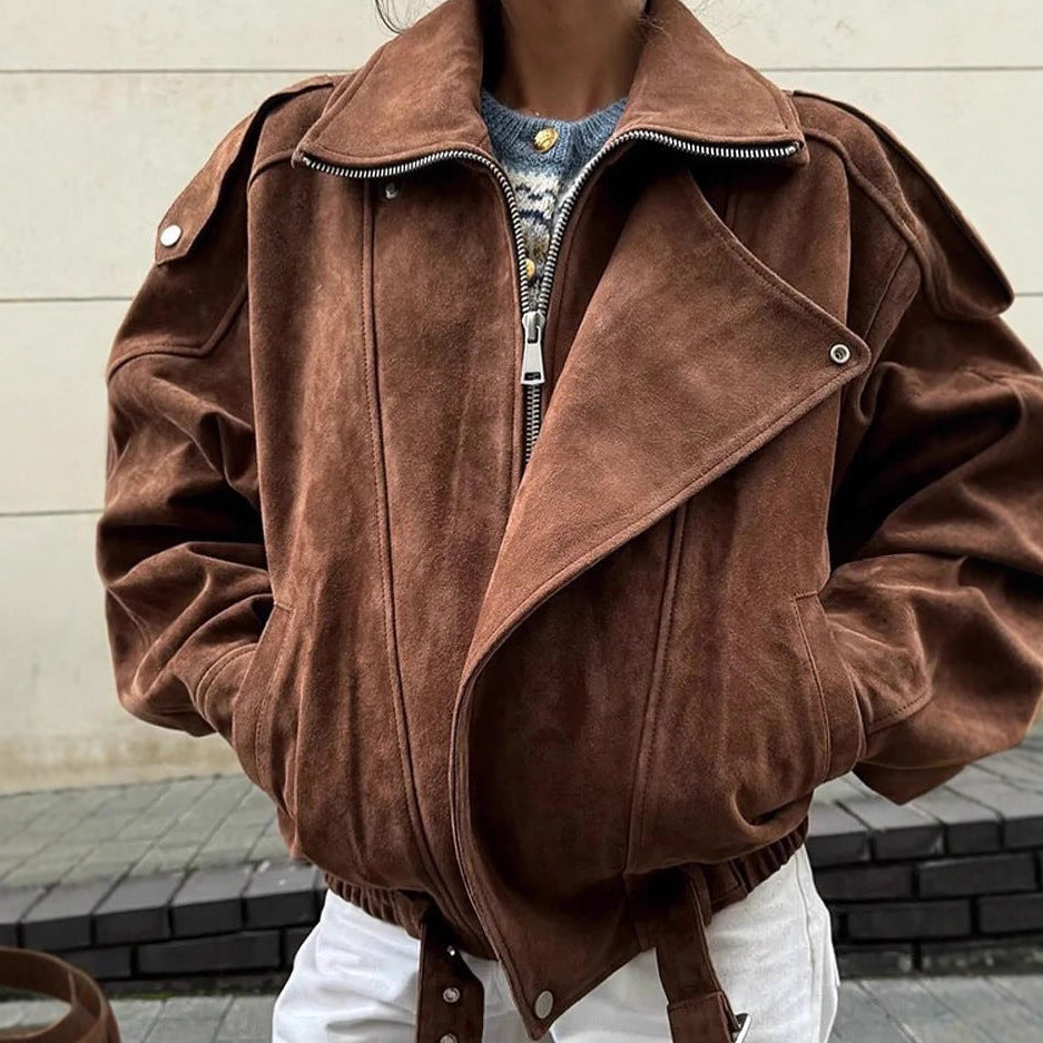 Damen hochwertige Bikerjacke mit breitem Kragen und Gürtel Drune