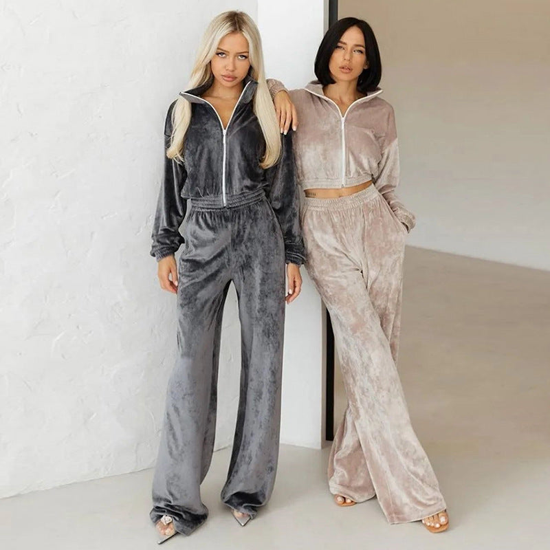Damen nan Cropped Velours-Joggingset mit halbem Reißverschluss, gerafftem Komfortbund und breiten Bündchen Drune