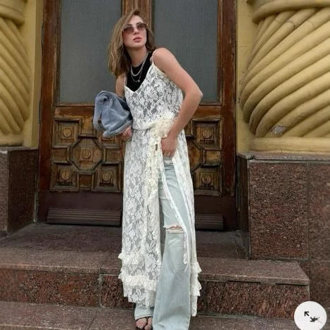 Damen Spitzenkimono mit offener Front und Rüschendetails Drune
