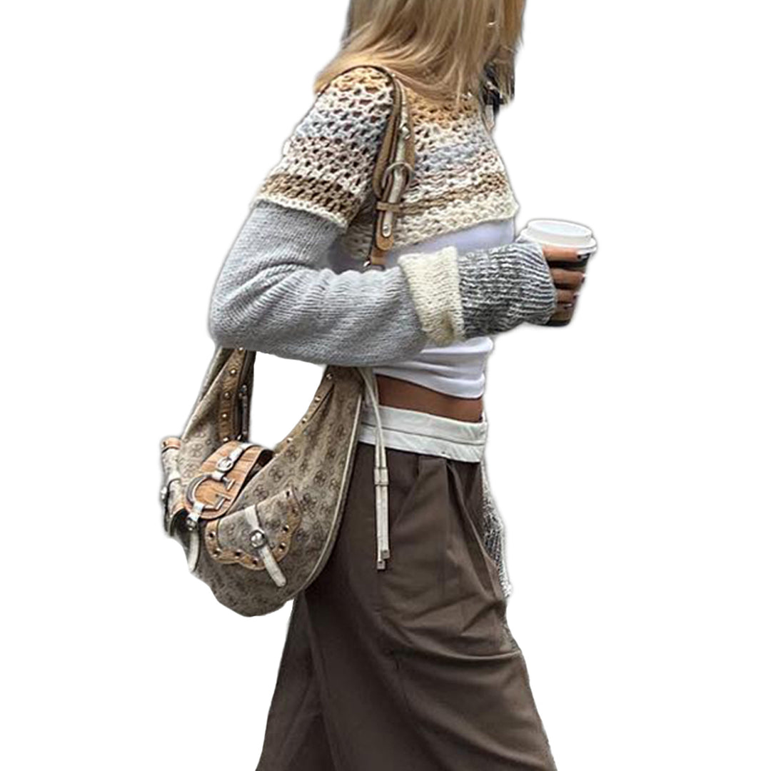 Damen gehäkeltes Crop-Top mit langem Arm und bunten Streifen Drune
