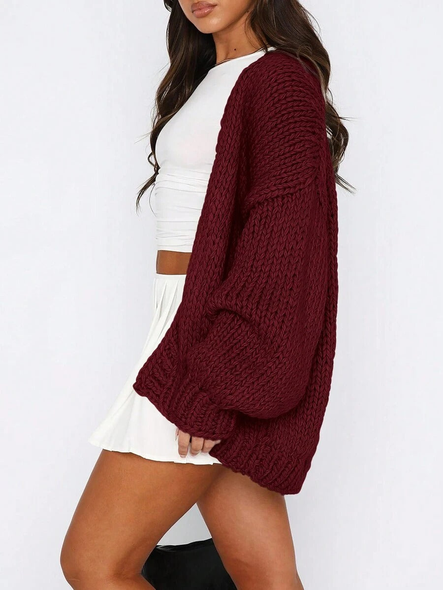 Damen Grobstrick Cardigan mit voluminösen Ärmeln und tiefem V-Ausschnitt Drune