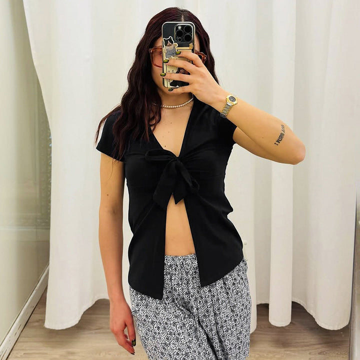 Damen elegantes Wickeloberteil mit dekorativem Knoten und tiefem V-Ausschnitt Drune