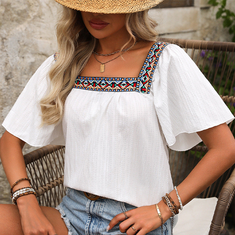 Damen luftige Sommerbluse mit Stickereien Drune