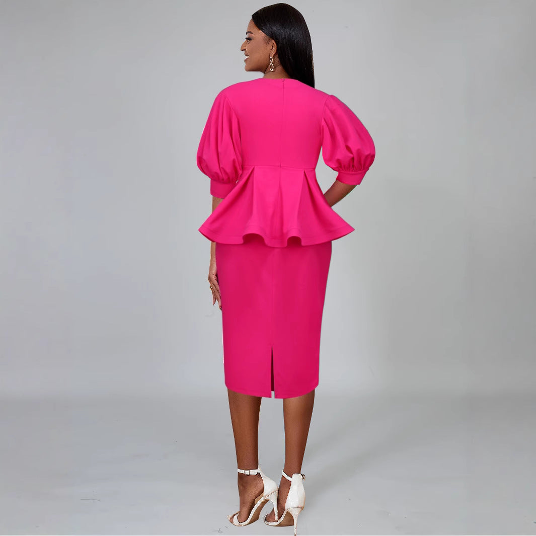 Damen elegantes A-Linien Kleid mit modischen Puffärmeln und floralem Akzent Drune