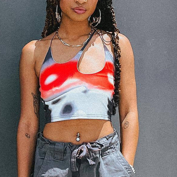 Damen Crop-Top mit asymmetrischem Trägerdesign und lebhaftem Grafikdruck Drune