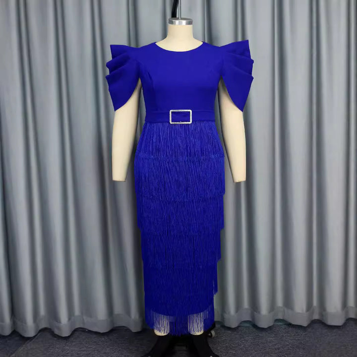 Damen Elegantes Fransen-Maxikleid mit voluminösen Puffärmeln Drune