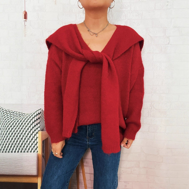 Damen lässiger Strickpullover mit abnehmbarer Kapuze und Knopfdetails Drune