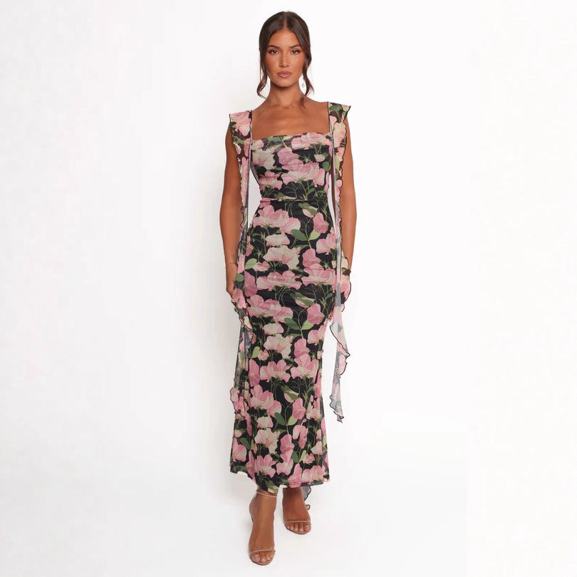 Damen Etuikleid mit romantischem floralem Design und Rüschenärmeln Drune