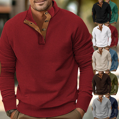 Herren nan strukturiertes Rugby-Pullover mit Stehkragen, Knopfleiste und Leder-Ellenbogenpatches Drune