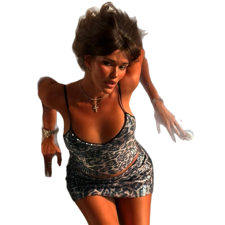 Damen Crop-Top und Minirock-Set mit Leopardenmuster und funkelnden Details Drune
