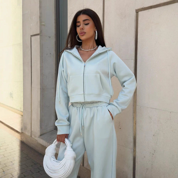 Damen lässiges Jogginganzug-Set mit cropped Hoodie und weitem Hosen Drune
