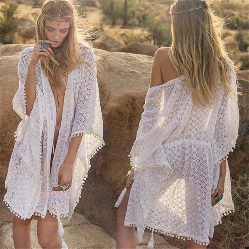 Damen Strandtunika mit zarten Häkelmustern und Pompons Drune