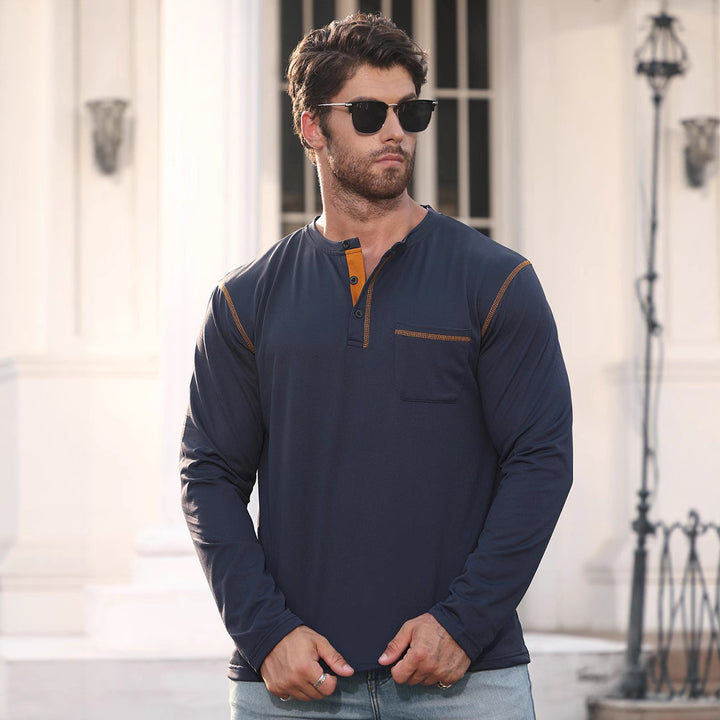 Herren nan Langarmshirt mit kurzer Knopfleiste Brusttasche und kontrastierenden Ziernähten Drune