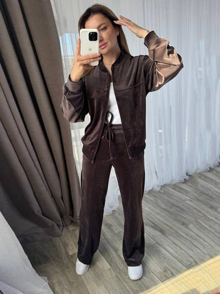 Damen Sportlicher Velours-Jogginganzug mit hohem Kragen und praktischen Taschen Drune