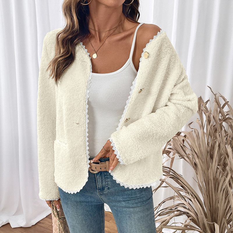 Damen weiche Teddyjacke mit Spitzenverzierung Drune
