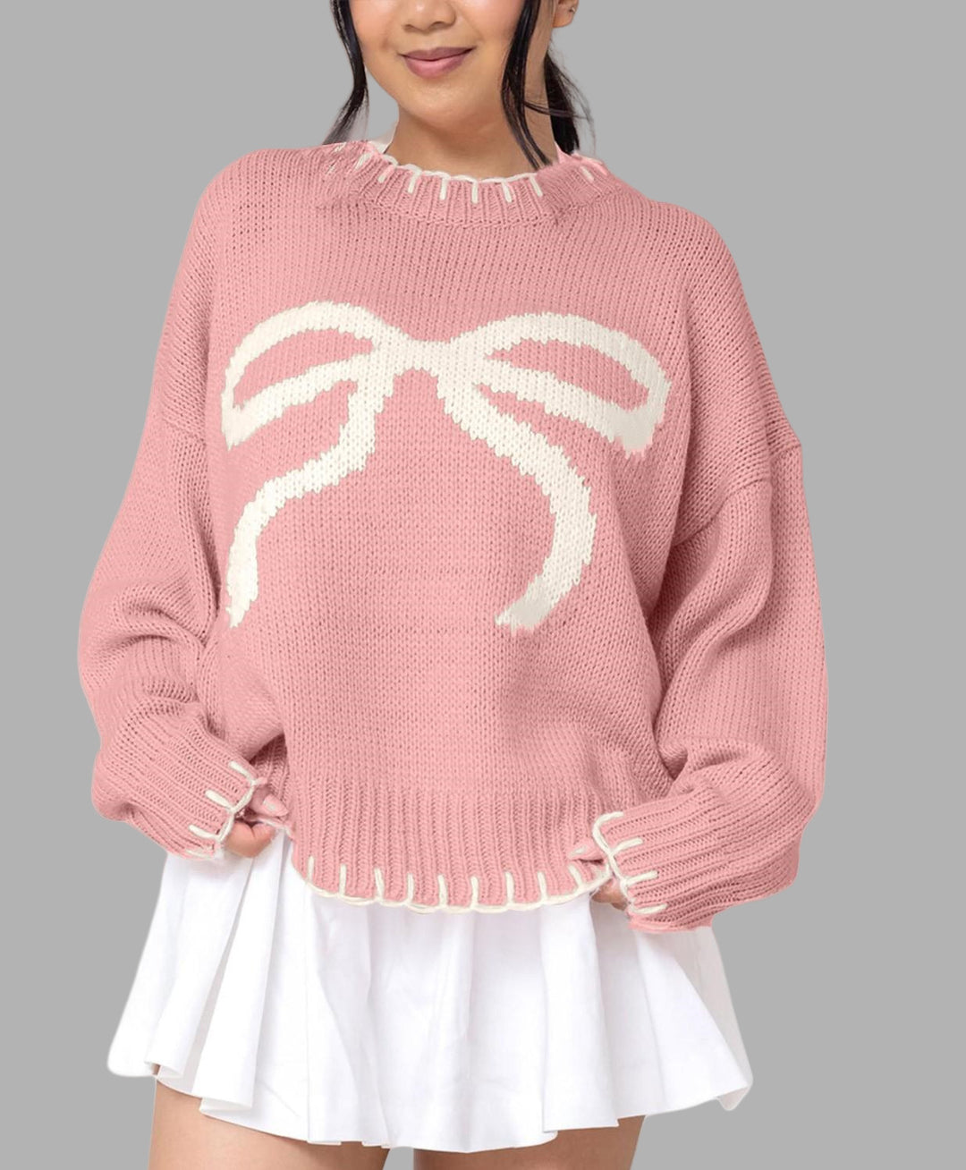 Damen lässiger Pullover mit kontrastierenden Schleifen-Detail und geripptem Saum Drune