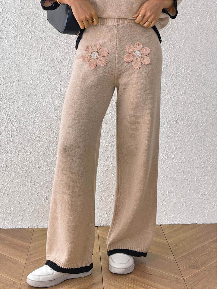 Damen bequeme Strickhose mit floralem Applikationsdesign Drune
