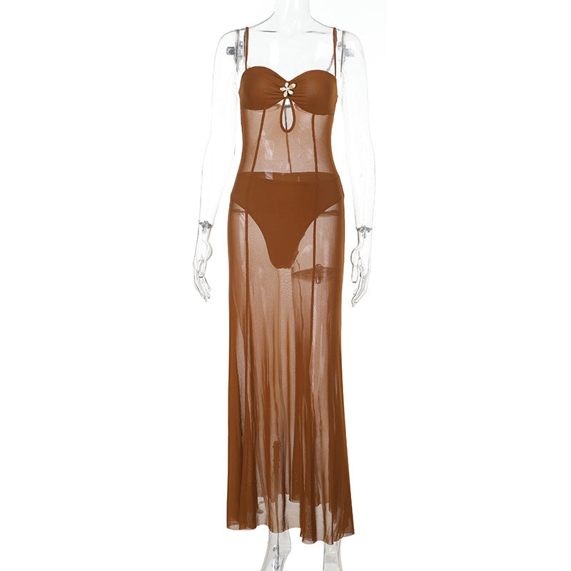 Damen transparenter Strand-Mantel mit verführerischem Cut-Out und zarter Blumenapplikation Drune