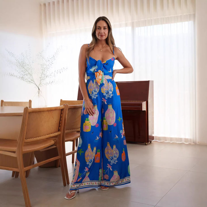Damen langes Sommerkleid mit verspieltem Dekolleté und buntem Muster Drune