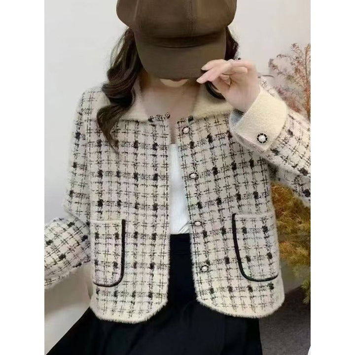 Damen elegante Bouclé-Jacke mit klassischem Karomuster und dekorativen Taschen Drune