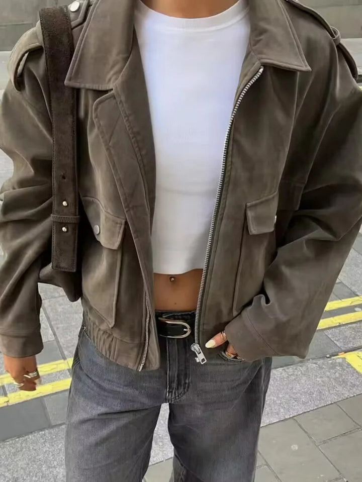 Damen modische Utility-Jacke mit aufgesetzten Taschen und hohem Kragen Drune