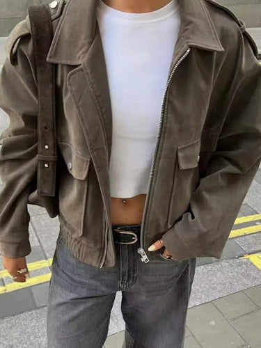 Damen modische Utility-Jacke mit aufgesetzten Taschen und hohem Kragen Drune